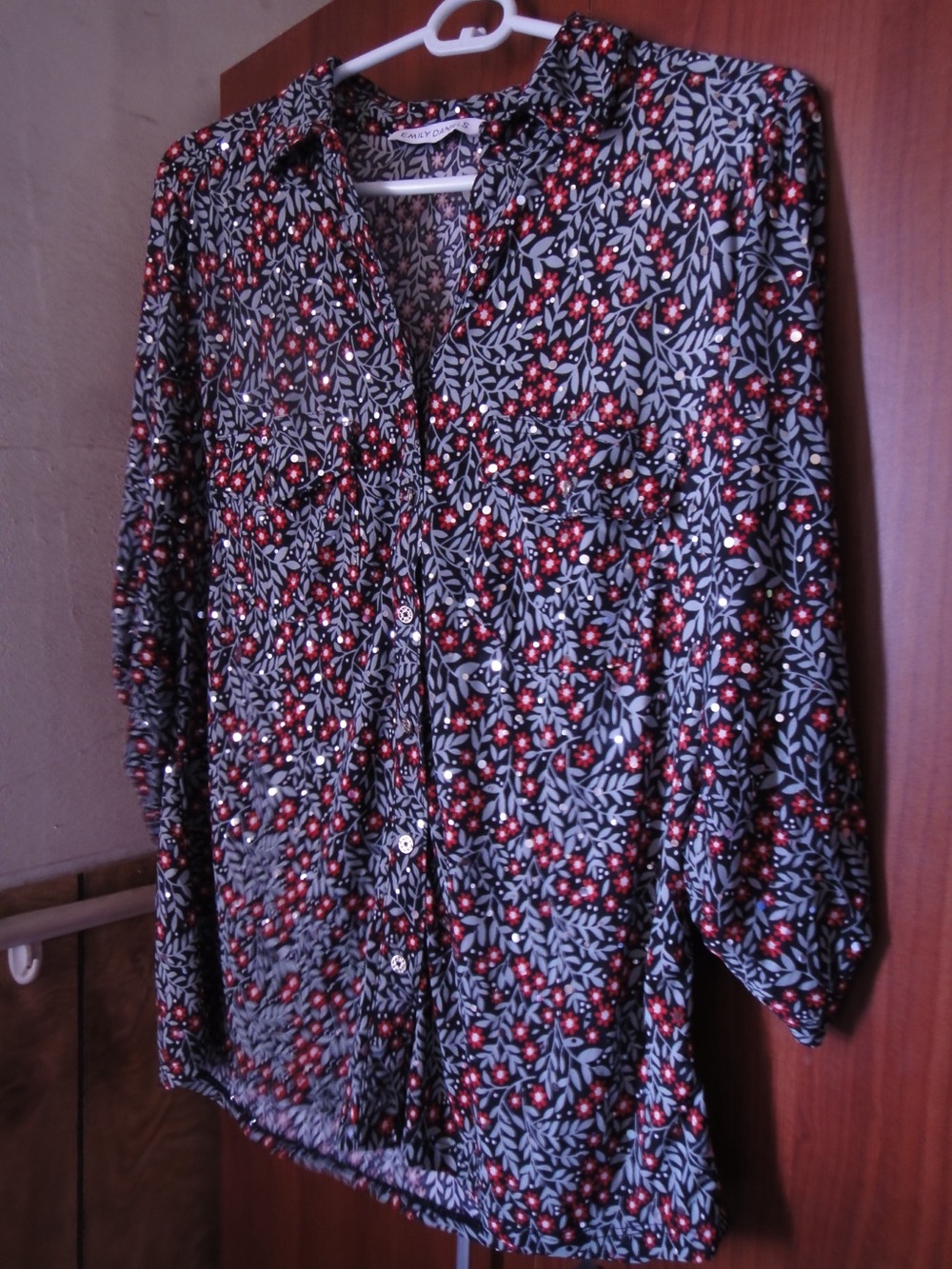Emily Daniel’s Floral Button-Up Blouse in Blue and Red